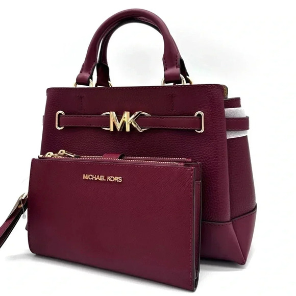 Michael Kors Reed Small Satchel Crossbody Bag & LG Double Zip Wallet Dark Cherry - Picture 1 of 15
